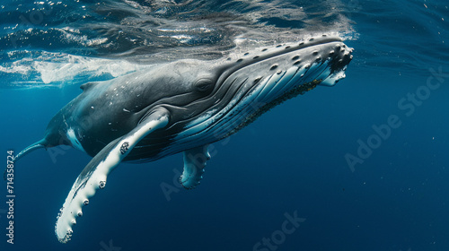 A Baby Humpback Whale Plays Near the Surface in Blue Water. Portrait from animal. AI Generative