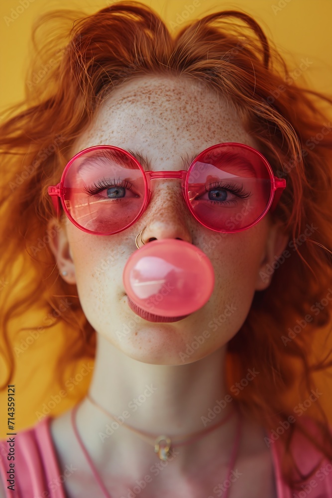 red hair blowing bubble pink glasses talented princess aka freckles nose teenage girl brightly colored soft rubber orange