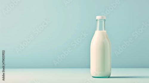  a bottle of milk sitting on a table next to a light blue background with a shadow on the bottom of the bottle and the bottom half of the bottle is empty. © Anna