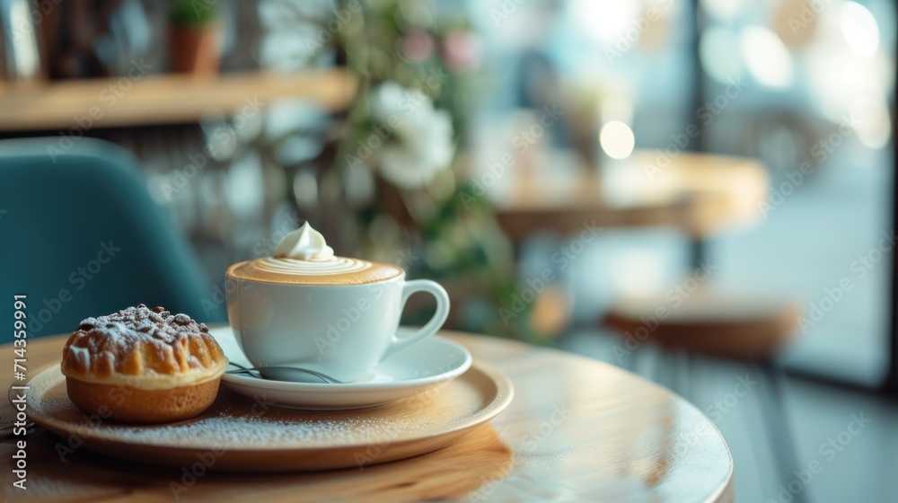a cup of coffee sitting on top of a saucer next to a pastry on top of a saucer on top of a saucer on a wooden table. a cup of coffee sitting on top of a saucer next to a pastry on top of a saucer on top of a saucer on a wooden table.