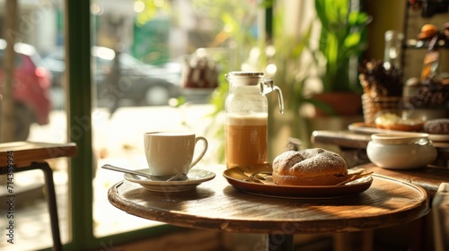  a wooden table topped with a cup of coffee next to a plate of doughnuts and a jar of milk on top of a table next to a window.