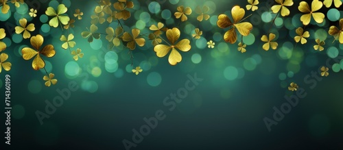 Happy Saint Patrick's Day with green and gold shamrocks clover leaf background. AI generated image photo