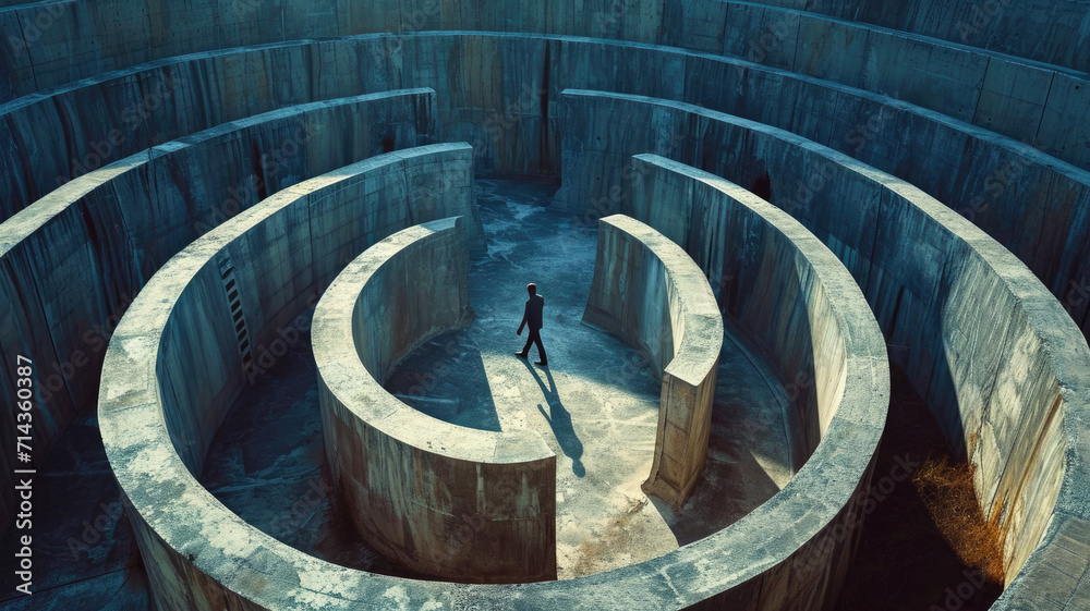 Man walks inside concrete labyrinth, lost person searching for way out of strange surreal maze. Concept of problem, uncertainty, quest, business, obstacle, choice and solution