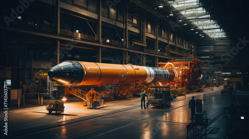 Rocket being built at modern aerospace factory, product is in dark assembly shop of plant. Concept of space, industry, technology, interior, manufacturing, machinery, business