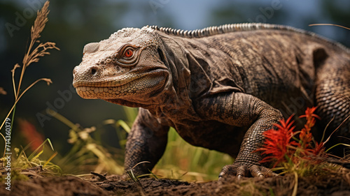 Komodo dragon close-up, portrait of big monitor lizard, wild reptile as ancient dinosaur in jungle. Concept of wildlife, nature, animal skin, Indonesia, wilderness, fauna