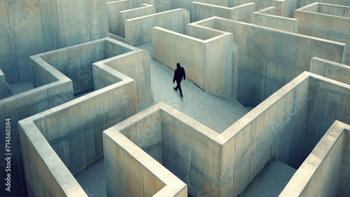 Lone man walks inside concrete maze, lost person searching for way out of strange surreal labyrinth. Concept of problem, uncertainty, quest, business, obstacle, choice