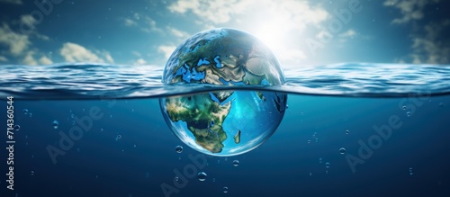 Closeup floating transparent blue earth globe on the deep sea water. Generate AI photo