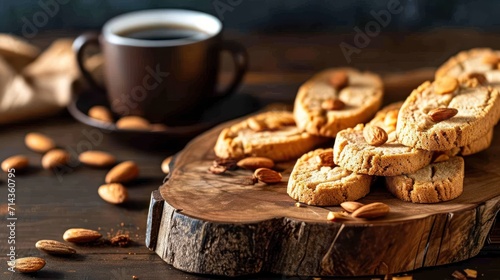  a pile of almond cookies sitting on top of a wooden cutting board next to a cup of coffee and a plate of almonds on the side of the table. photo