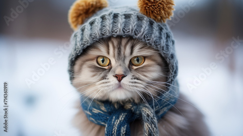 Cute cat wearing a hat and scarf outside in the snow