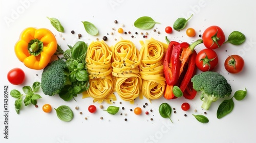  a white table topped with lots of different types of pasta next to broccoli  tomatoes  peppers  peppers and broccoli on top of a white surface.