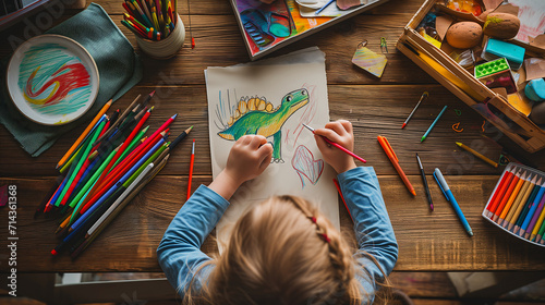 A child sitting at a table with art supplies, drawing a dinosaur on paper. © Tazzi Art