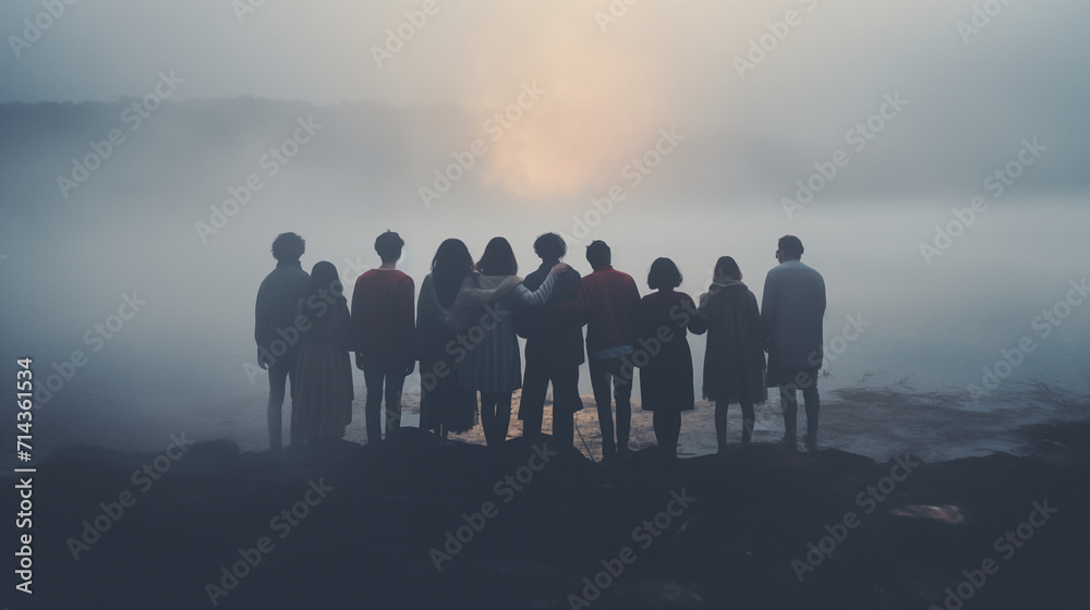 silhouette of a friends group looking out into fog and sky