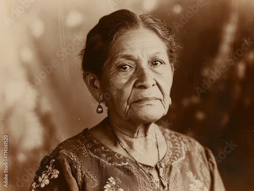 Photorealistic Old Latino Woman with Brown Straight Hair vintage Illustration. Portrait of a person in 1920s era aesthetics. Historic photo style Ai Generated Horizontal Illustration.