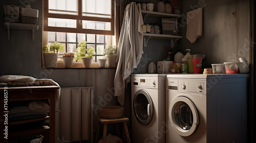 A small laundry room with a washing machine and dryer