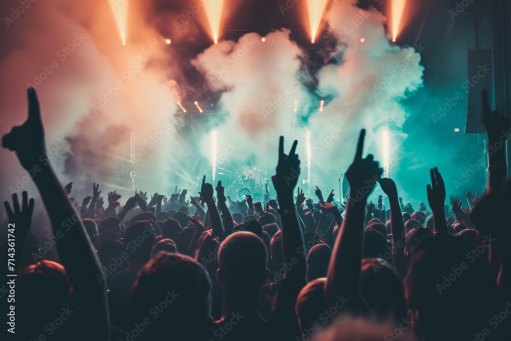 Amidst a sea of vibrant flare and pulsating music, a lively crowd unites under the stars at an outdoor concert event, lost in the euphoria of shared entertainment