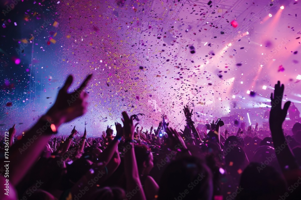 The vibrant magenta and violet confetti raining down on the ecstatic crowd at the concert created a mesmerizing purple haze, elevating the already electric atmosphere of the rave-like event