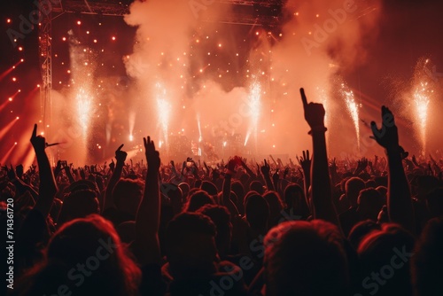 A mesmerizing display of vibrant fireworks illuminated the night sky as a lively crowd reveled in the electrifying energy of an outdoor concert at a festival flare event