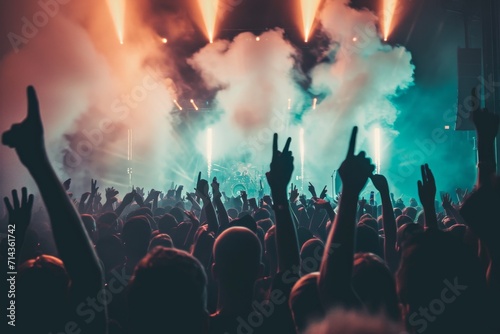 Amidst a sea of vibrant flare and pulsating music, a lively crowd unites under the stars at an outdoor concert event, lost in the euphoria of shared entertainment
