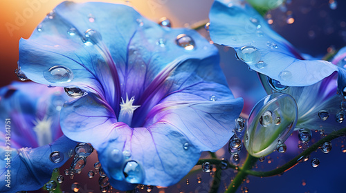 Blue flowers with rain drops on them, in the style of psychedelic color schemes