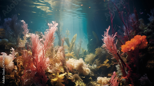 Underwater coral reef illuminated by the sun's rays with colourful plants and creatures photo