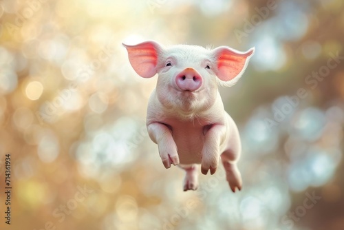 Amidst the vast blue sky, a curious suidae mammal with a snout raised high, defies gravity as it soars through the air - a playful pig enjoying the great outdoors