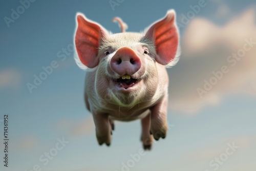 A majestic domestic pig with unusually large ears takes flight in the sky, showcasing its mammalian grace and standing out among the other animals in the outdoor landscape