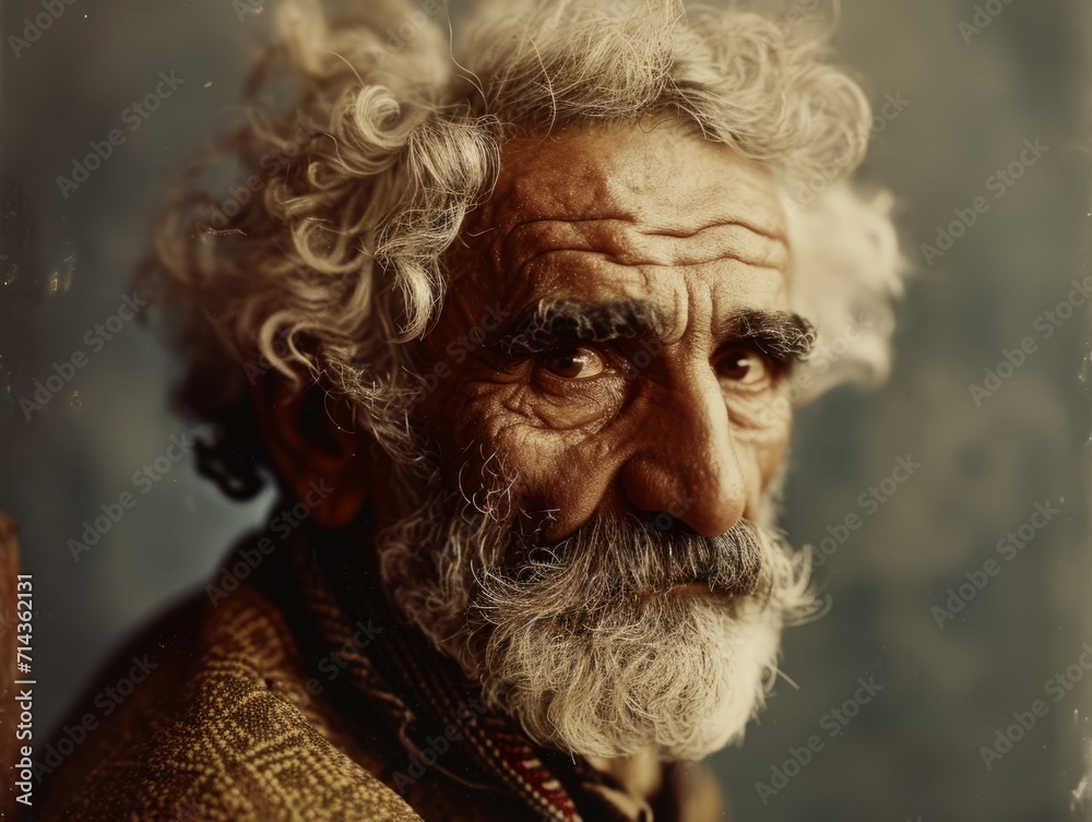 Photorealistic Old Persian Man with Blond Curly Hair vintage Illustration. Portrait of a person in 1920s era aesthetics. Historic photo style Ai Generated Horizontal Illustration.