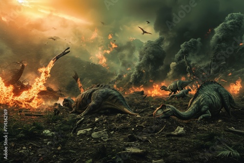 A prehistoric landscape, once vibrant and full of life, now engulfed in flames and smoke as a wildfire ravages the natural beauty of the land
