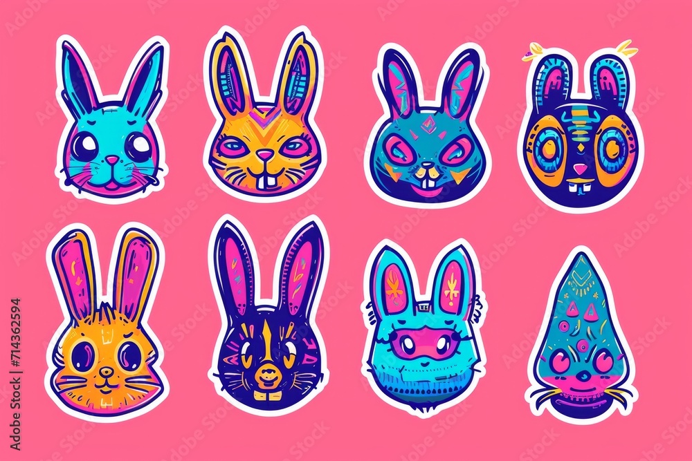 Obraz premium A playful illustration of childlike imagination, featuring a colorful group of cartoon bunnies drawn with charming clipart designs