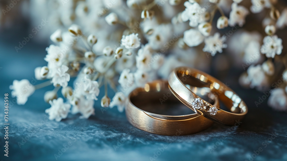 An intimate close-up of the wedding rings, symbolizing eternal love, wedding day, dynamic and dramatic compositions, blurred background, with copy space An intimate close-up of the wedding rings, symbolizing eternal love, wedding day, dynamic and dramatic compositions, blurred background, with copy space