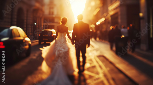 A stylishly dressed bride and groom walking down a city street, wedding day, dynamic and dramatic compositions, blurred background, with copy space