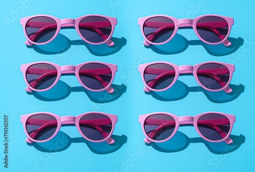 set of pink sunglasses on blue background.Minimal optical and medical concept.Copy space,top view,Generative Ai