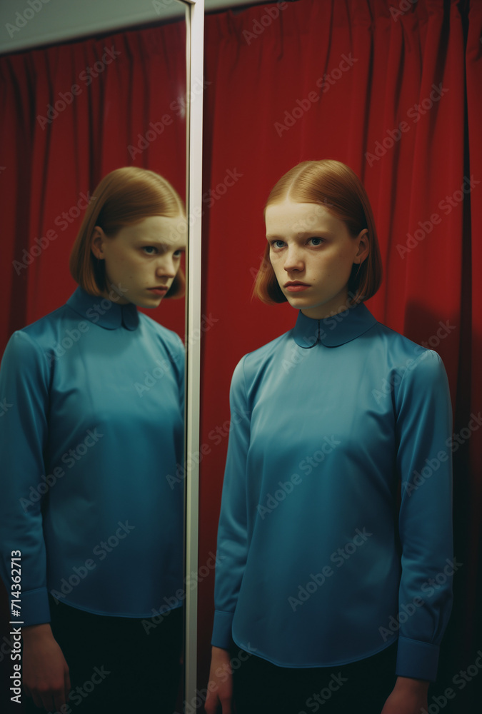 Girl with reflections in mirror.Minimal creative unusual art concept,Illusionistic photograph.Copy space,top view,Gemnerative AI
Girl with reflections in mirror.Minimal creative unusual art concept,Illusionistic photograph.Copy space,top view,Gemnerative AI
