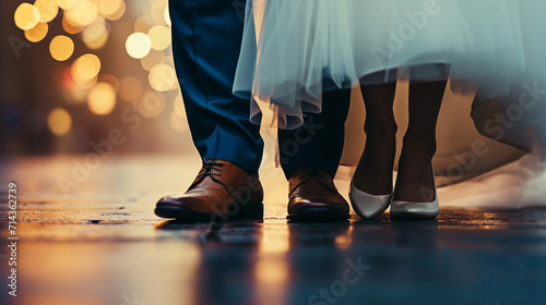 A whimsical shot of the couple’s shoes, side by side, wedding day, dynamic and dramatic compositions, blurred background, with copy space