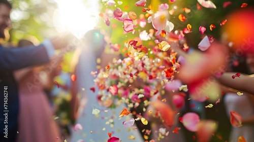 Guests throwing flower petals as the couple makes their grand exit, wedding day, dynamic and dramatic compositions, blurred background, with copy space