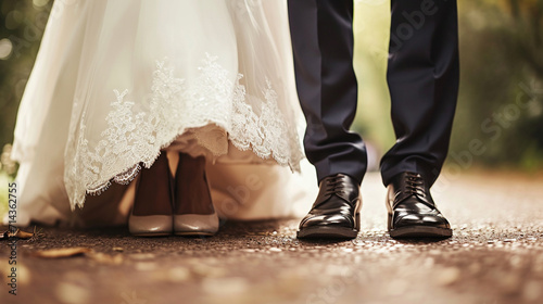 A whimsical shot of the couple’s shoes, side by side, wedding day, dynamic and dramatic compositions, blurred background, with copy space