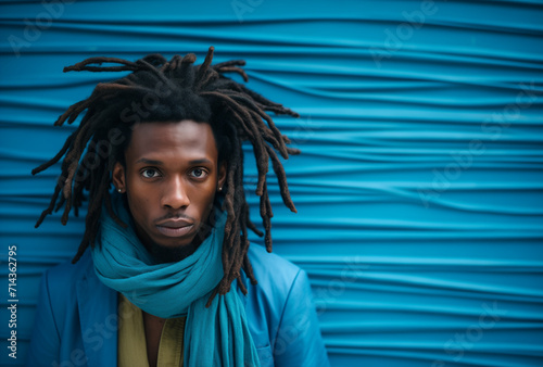 portrait of  a man with dreadlocks In front of a background of blue fabric.Minimal creative fashion and nature concept.Copy space,top view.Generative AI photo