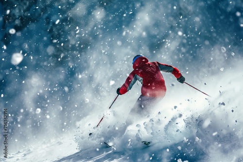 A skilled skier glides effortlessly down a snow-covered slope, their red ski equipment and determination standing out against the winter landscape photo