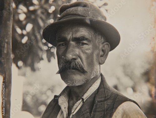 Photorealistic Old Persian Man with Brown Straight Hair vintage Illustration. Portrait of a person in 1920s era aesthetics. Historic photo style Ai Generated Horizontal Illustration.