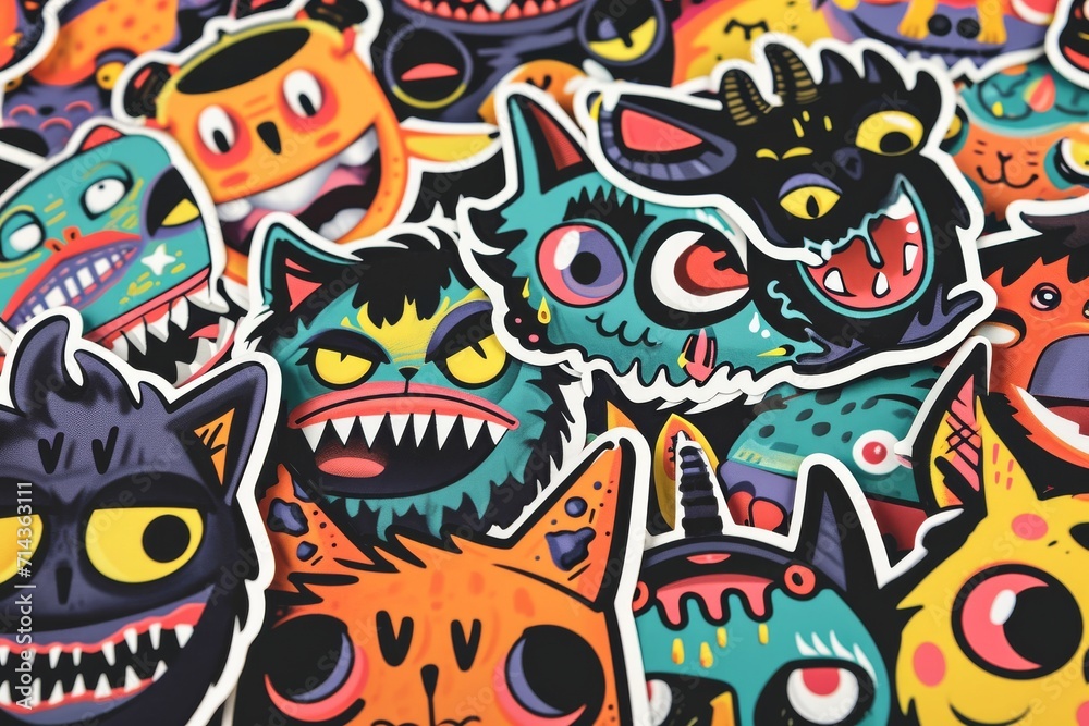 A vibrant and eclectic collection of animated stickers, showcasing the fusion of psychedelic art, modern illustration, and graffiti in a playful and captivating way