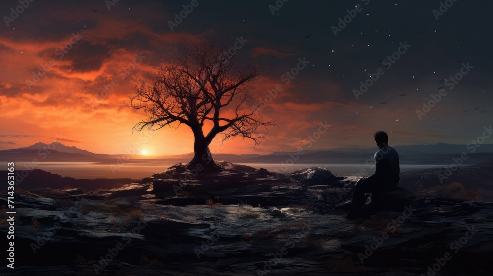 Loneliness and depression concept. Solitude, melancholy. Lonely person sits alone by a tree. Sunset. AI Generated