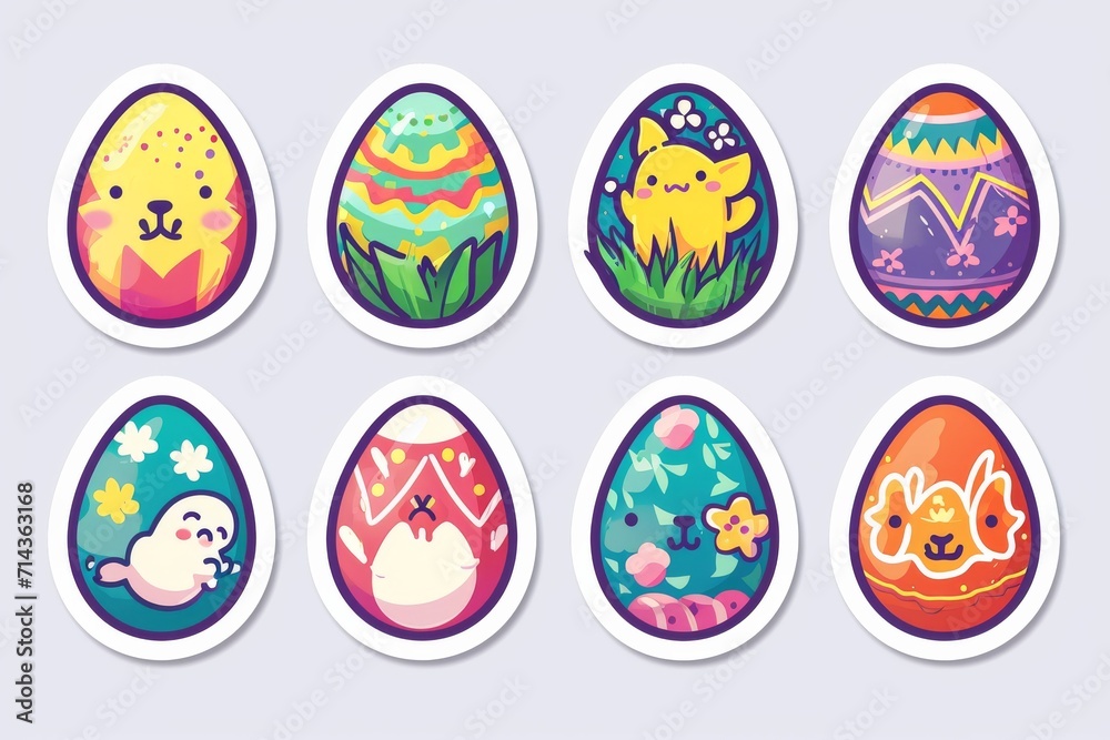 Whimsical illustrations of childlike art bring to life a colorful collection of cartoon egg stickers, adding a playful touch to any project or personal space Whimsical illustrations of childlike art bring to life a colorful collection of cartoon egg stickers, adding a playful touch to any project or personal space