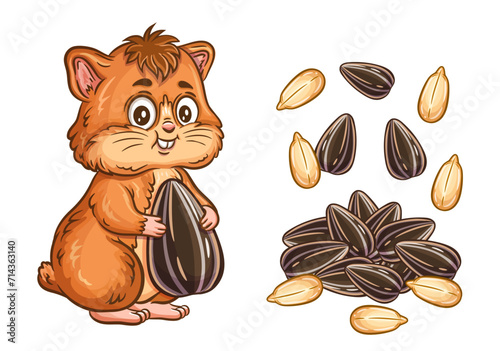 Cute little hamster animal holding sunflower seed food, heap sun flower kernels snack in shell icon. Funny fluffy domestic pet rodent cartoon character eating grain. Vegetable oil ingredient. Vector