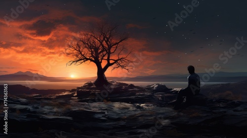 Loneliness and depression concept. Solitude, melancholy. Lonely person sits alone by a tree. Sunset. AI Generated © EarthWalker