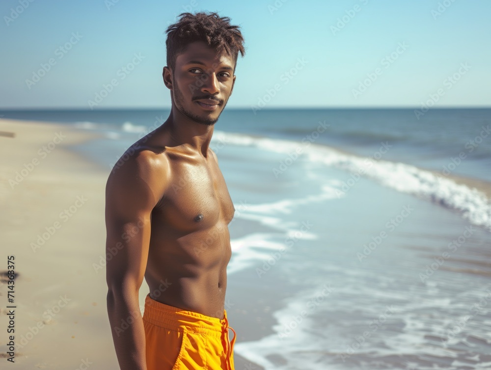 Beachside Black Male Model in Summer. Generative AI. Beachside Black Male Model in Summer. Generative AI.
