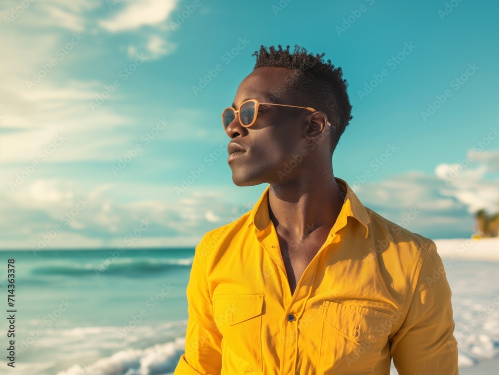 Stylish Black Man Contemplating at the Beach. Generative AI. Stylish Black Man Contemplating at the Beach. Generative AI.