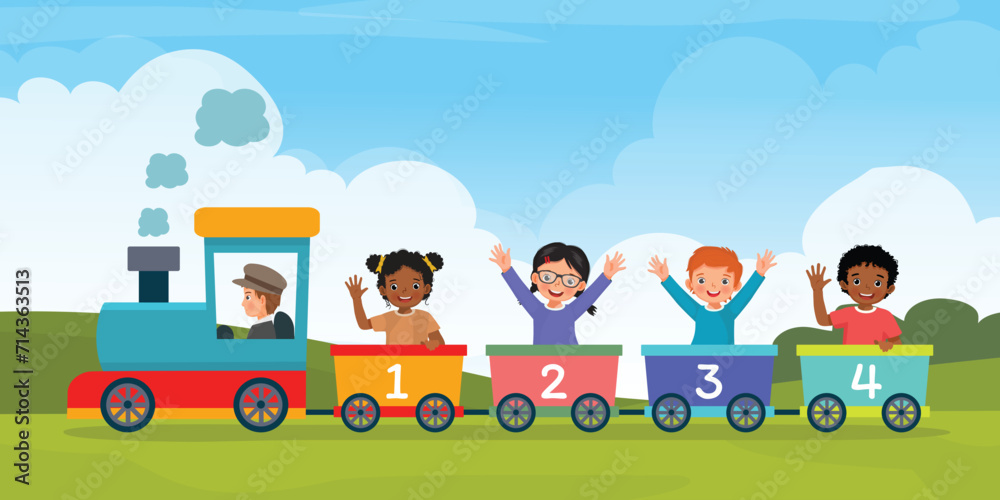 Obraz premium Group of multi-ethnic kids on colorful train with numbers