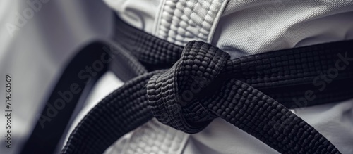 Black belt knot in taekwondo martial sport uniform. photo