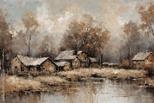oil painting, beautiful landscape, village and buildings, printable art, picture to print on the wall