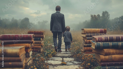 Father and son walking on a path surrounded by books photo